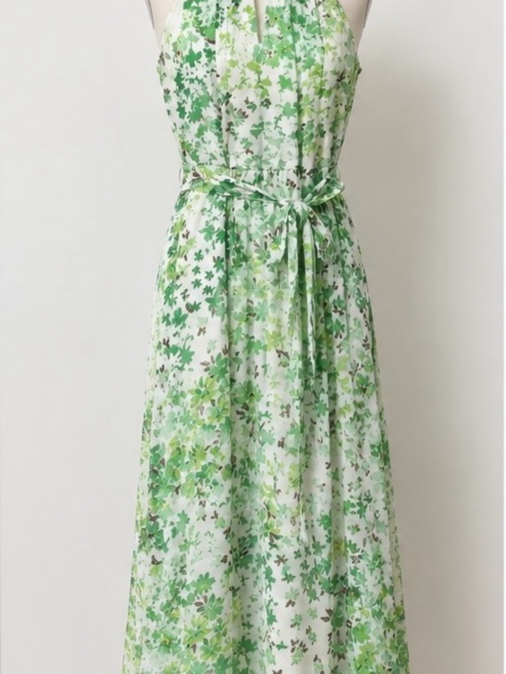 DKNY Sleeveless Green Floral Print Halter Chiffon Midi Dress